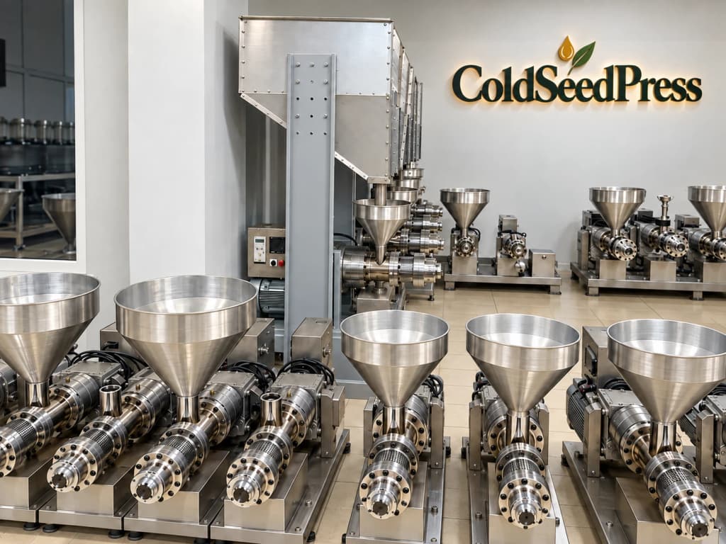 Production hall with multiple cold press oil machines and wall branding