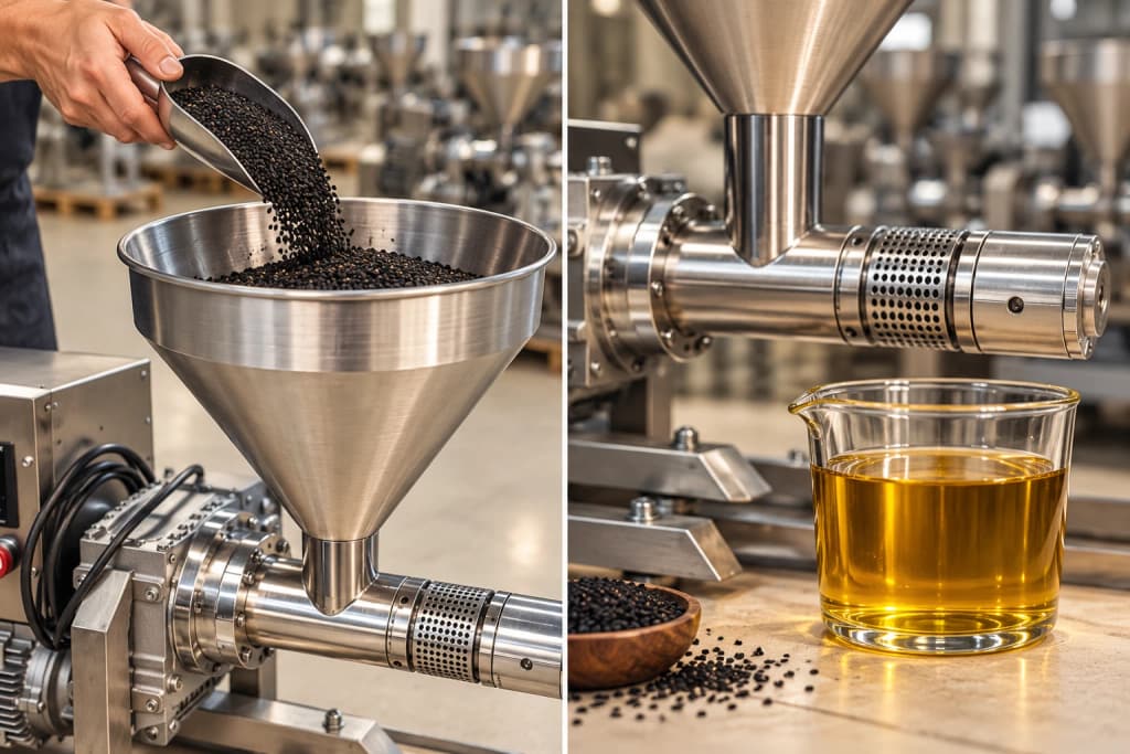 Oilseeds being poured with oil flowing from a cold press