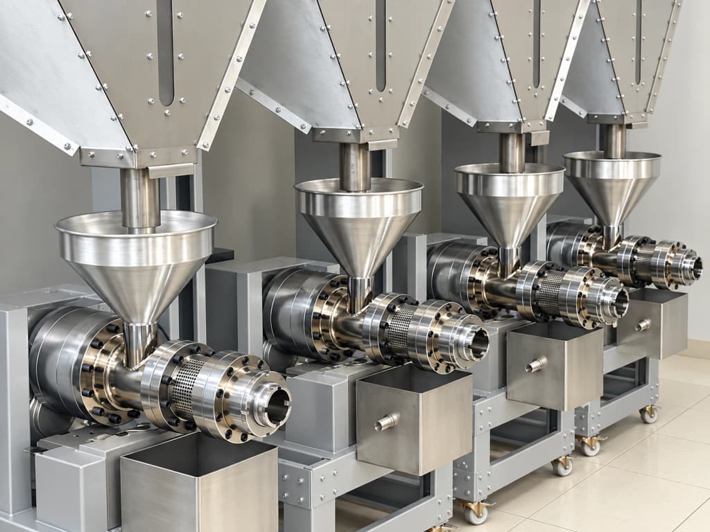 Four cold press oil machines with large feed hoppers side by side